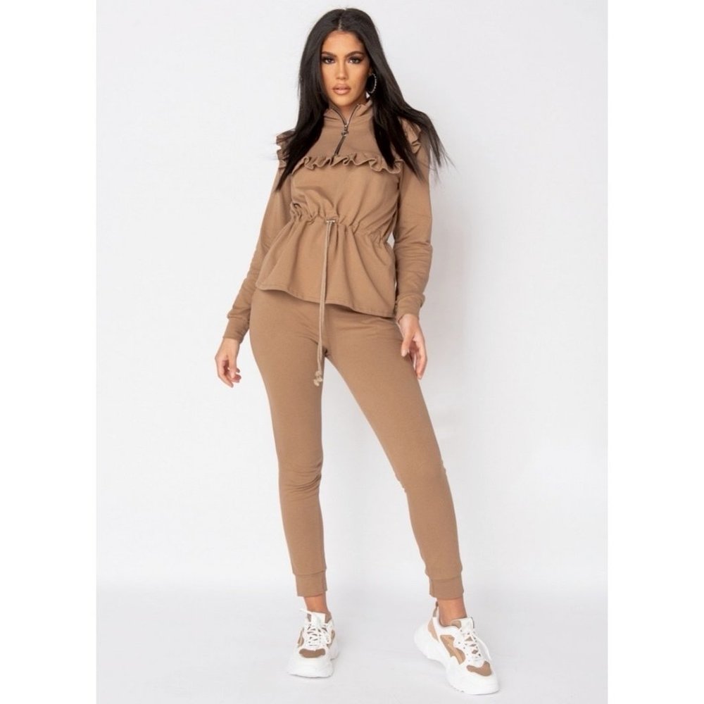 Brown Long Sleeve High Neck Top and Joggers Jogger Pants Two Piece Set